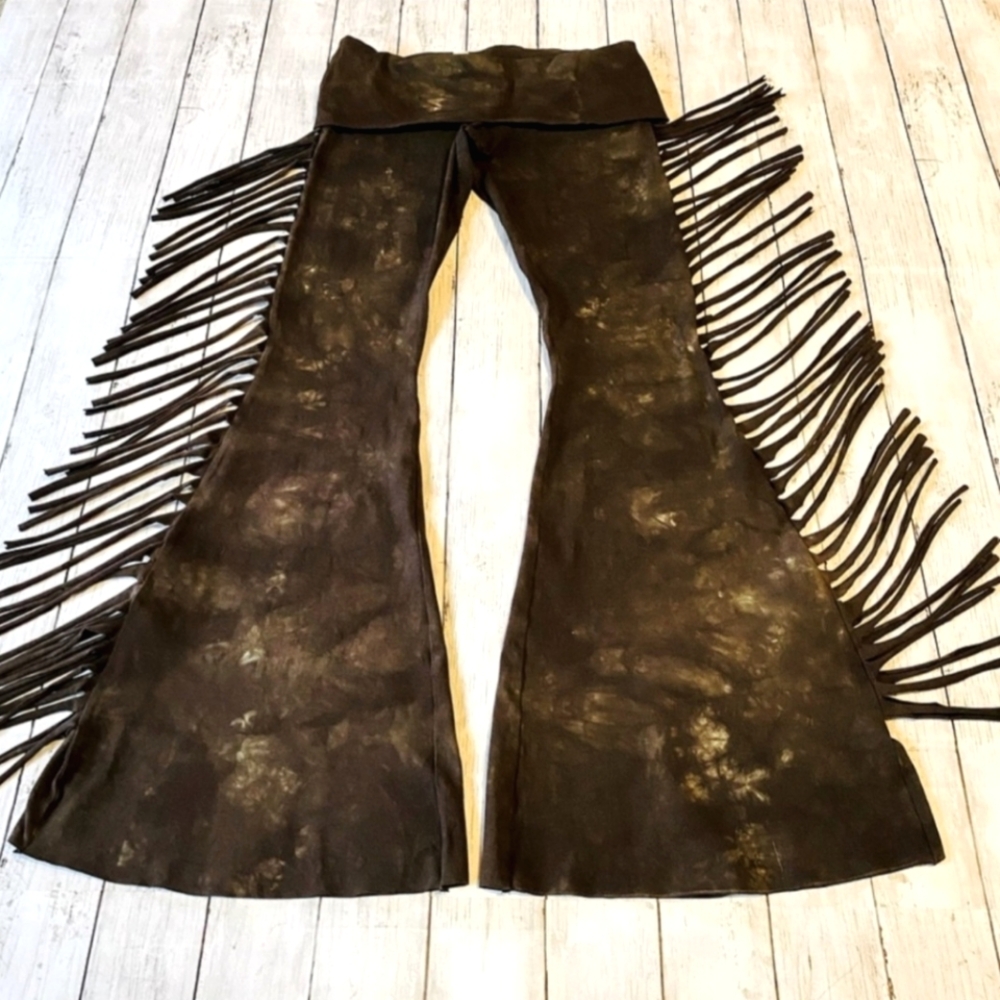 Hiphugger Fringe Bell Bottoms in BROWN TIE DYE - XS S M L XL Vintage 70s Leather
